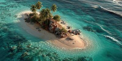 Beautiful secluded tropical island surrounded by crystal clear waters and vibrant reefs in the afternoon sun photo