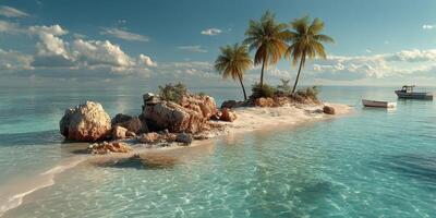 Serene tropical island with palm trees and clear turquoise water during a warm afternoon photo