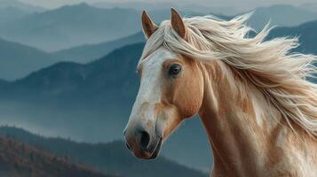 Majestic horse with flowing mane against a misty mountain backdrop during the early morning light photo