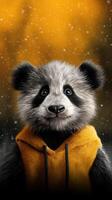 Cute panda wearing an orange hoodie smiles in a whimsical backdrop with a warm glow and falling snowflakes photo