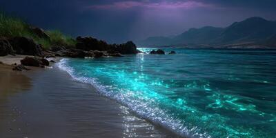 Serene shoreline with glowing turquoise waters under twilight sky photo