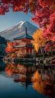 Vibrant autumn foliage reflects in calm waters with a traditional building near Mount Fuji at sunrise photo