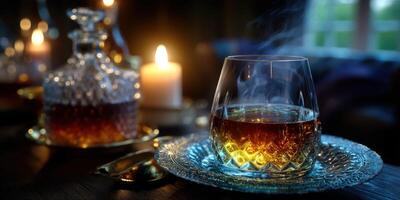 Warm ambiance created by a glass of whiskey, candles, and intricate glassware on a wooden table at night photo