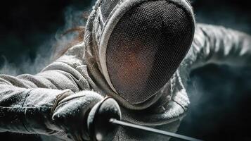 Fencing athlete performs a dramatic strike in a dimly lit gym during an intense training session photo