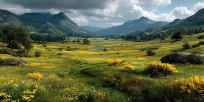 Beautiful valley covered in vibrant wildflowers under dramatic clouds during the day photo