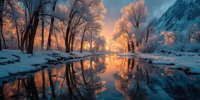 Stunning winter sunrise reflecting on a frozen river surrounded by snowy trees in a serene landscape photo