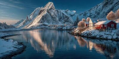 Snow-covered mountains and reflections in calm water near a small village in winter setting photo