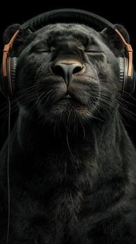 Black panther listening to music with headphones against a dark background in a dramatic and artistic representation photo
