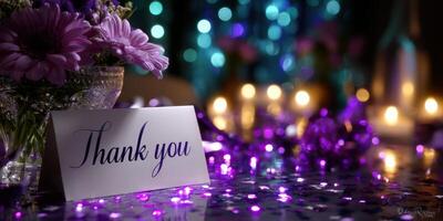 Elegant thank you card beside flowers and sparkling decorations at a celebratory event photo