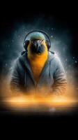 Colorful parrot wearing headphones and a hoodie engages in music at a digital workspace photo