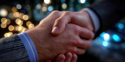 Two hands shaking in a professional setting at night creating a sense of agreement and collaboration during a business event photo