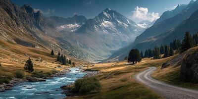 Scenic mountain valley with winding river under clouds at dawn in the Alps photo