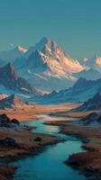 Majestic mountain landscape at sunrise with a winding river and rocky terrain photo