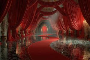 Luxurious red drapery and reflective floors create an enchanting atmosphere in a grand hall photo