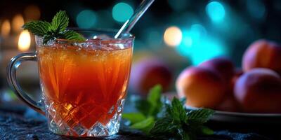 Refreshing iced tea served in a glass with fresh mint and peaches in a soft-lit setting during a summer evening gathering photo