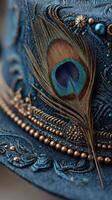 Intricate blue decorative hat with peacock feather and detailed embellishments displayed in soft lighting photo
