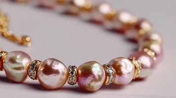 Elegant pearl necklace with golden accents and sparkling details displayed on a soft gray surface photo