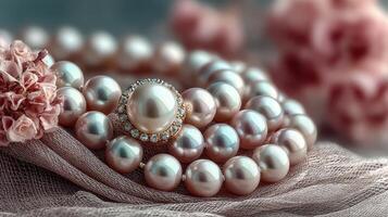 Elegant pearl necklace adorned with a sparkling centerpiece among flowers photo