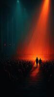 Dramatic theater performance with a spotlight and audience captivated by the unfolding drama in a dimly lit space photo