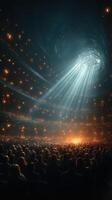 Bright rays shine down on a captivated audience in a grand theater during a magical performance at night photo