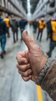 Hand giving thumbs up in a busy warehouse during a team activity with workers in the background photo