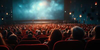 Audience gathered in theater seating for a performance with blue lighting in the background during the evening photo