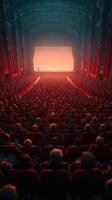 Crowd gathers in historic theater for a performance under dramatic lighting at dusk photo