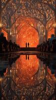 Elegant gathering in a magical venue with luminous decorations during a cultural event in the evening photo