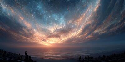 Stunning sunset over the ocean with vibrant colors and starry sky capturing the beauty of twilight photo