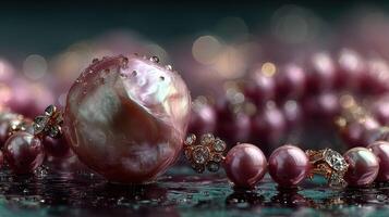 Elegant pink pearls with intricate design glisten under soft light in a luxurious setting photo