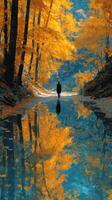 Serene solitary walk along a reflective riverbank in vibrant autumn foliage under clear blue skies photo