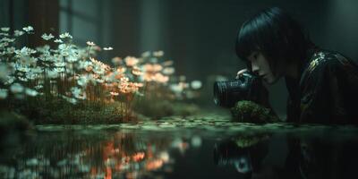 Focused photographer captures delicate flowers reflected in tranquil water at a serene indoor space photo