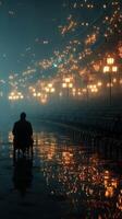 Mysterious figure sitting alone in an empty plaza illuminated by glowing street lamps at night photo