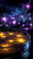 Colorful glowing particles in a petri dish set against a dark background highlighting scientific experimentation photo