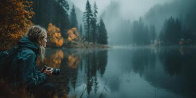 Woman capturing autumn scenery by tranquil lake in misty forest photo