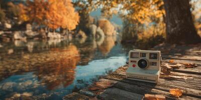 Old camera resting on a wooden dock surrounded by autumn leaves near a tranquil lake in the early morning light photo