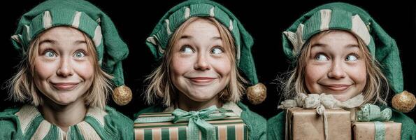 Young elf with gifts celebrates the holiday season in a joyful expression photo