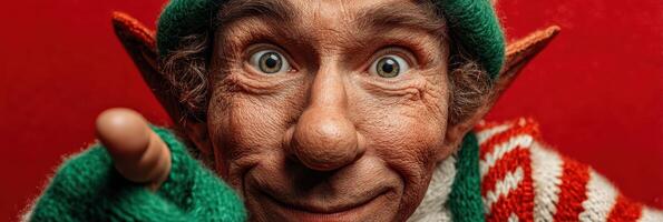 Mischievous elf with bright green eyes wearing festive attire shares merriment during a joyful celebration photo