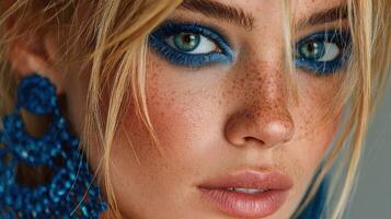 Close-up portrait of a model with vibrant blue eye makeup and striking earrings in studio lighting photo