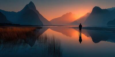 Beautiful sunset at the lake with silhouetted figure against mountainous landscape photo