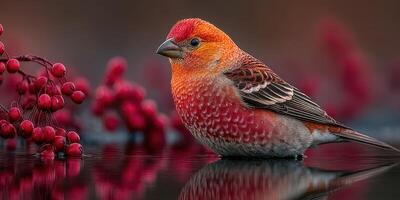 Brightly colored bird perched near red berries at sunset in a serene natural setting photo