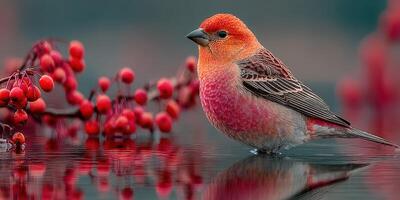 Colorful bird stands beside red berries on still water during early morning hours in a serene outdoor setting photo