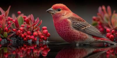 Vibrant songbird perched among red berries and foliage in serene natural setting reflecting in calm water photo