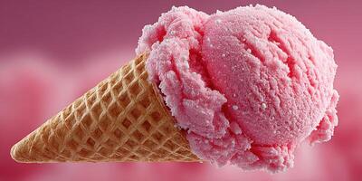 Bright pink strawberry ice cream in a waffle cone against a soft blurred background photo