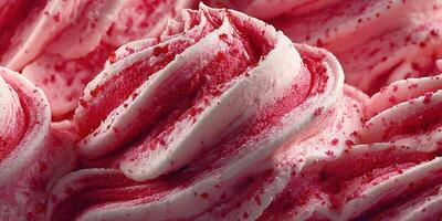 Swirls of vibrant pink and white dessert captured during a sunny afternoon at a local ice cream parlor in summer photo