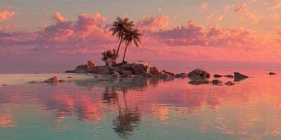 Dusk glow over a tranquil tropical island with palm trees and vibrant clouds at sunset photo