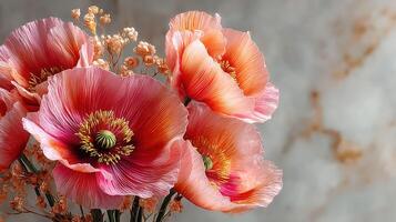 Beautiful floral arrangement featuring vibrant pink poppies against a soft light background photo
