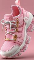 Stylish pink athletic shoes displayed against a soft pink background highlight modern design and comfort features photo