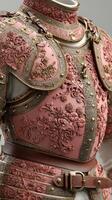 Elaborate body armor showcasing intricate floral designs and rich colors in a studio setting with dramatic lighting photo