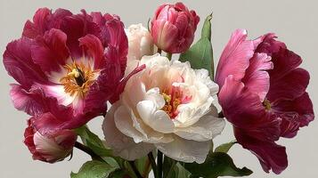 Colorful bouquet of peonies and tulips arranged in a vase celebrating spring's arrival with fresh blooms and vibrant petals photo